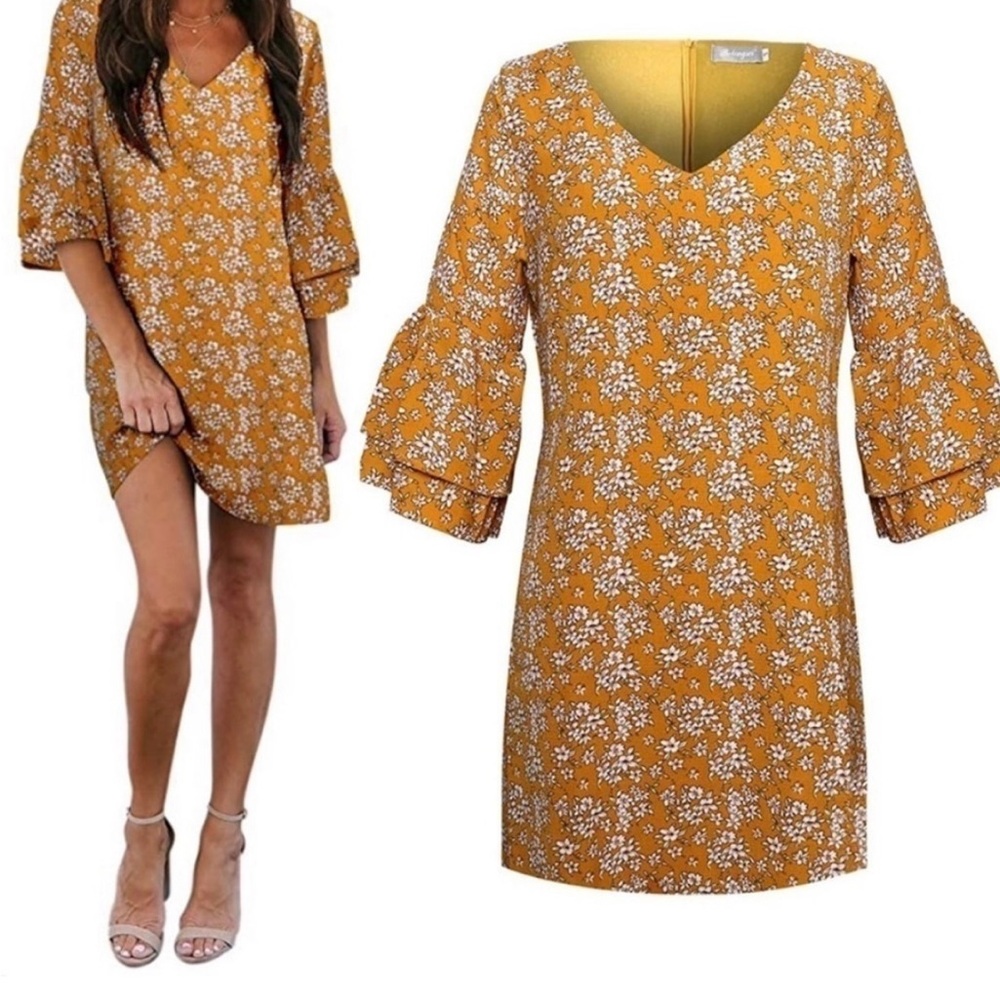 Dress V-Neck Bell Sleeve Shift Dress Mini Dress Size Small